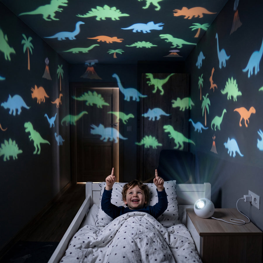 Toddler pointing at dinosaurs projected on the bedroom ceiling by the Sleepsaurus night light