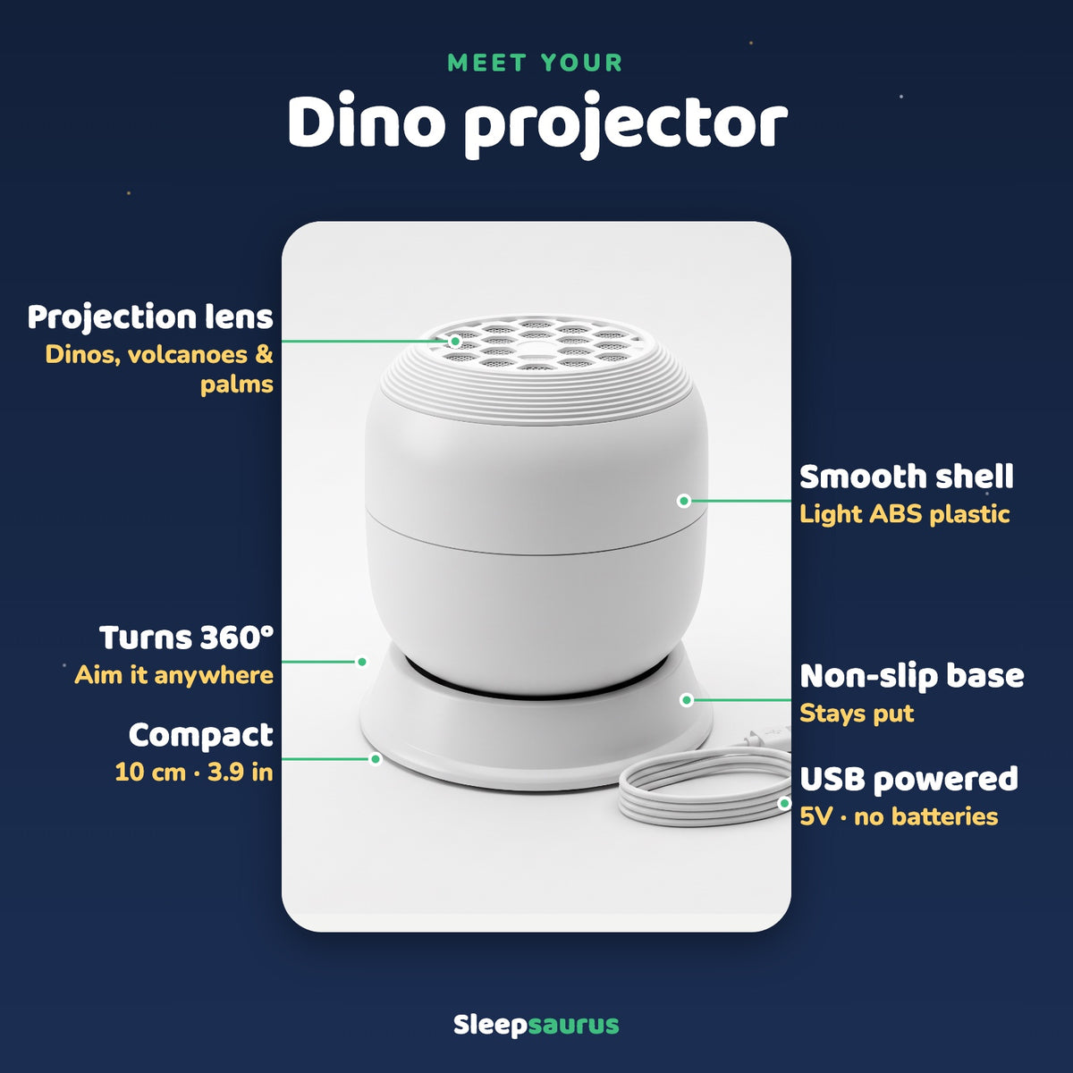 Meet your dino projector: lens, 360° rotation, non-slip base, USB power