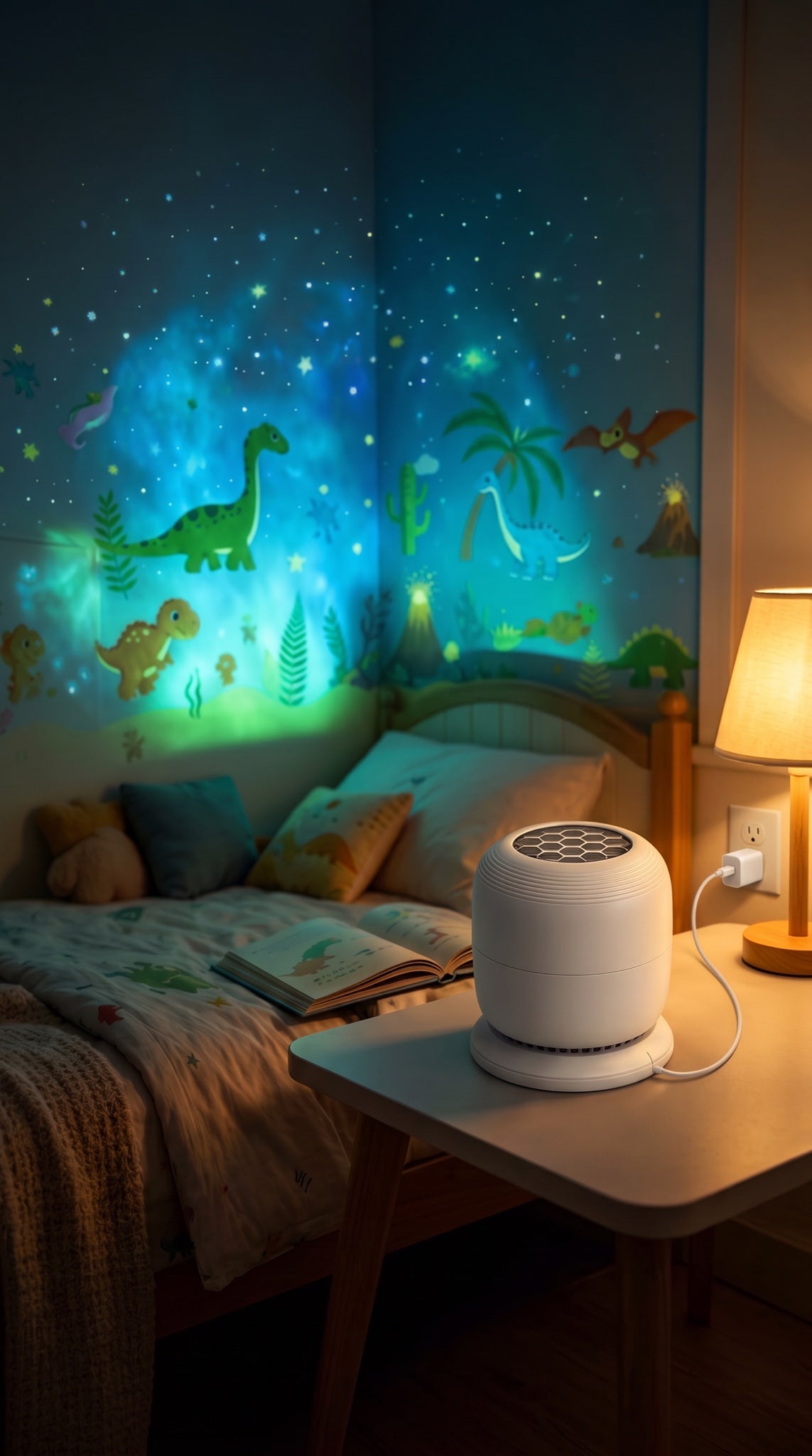 Sleepsaurus projector on a nightstand projecting dinosaurs on the wall